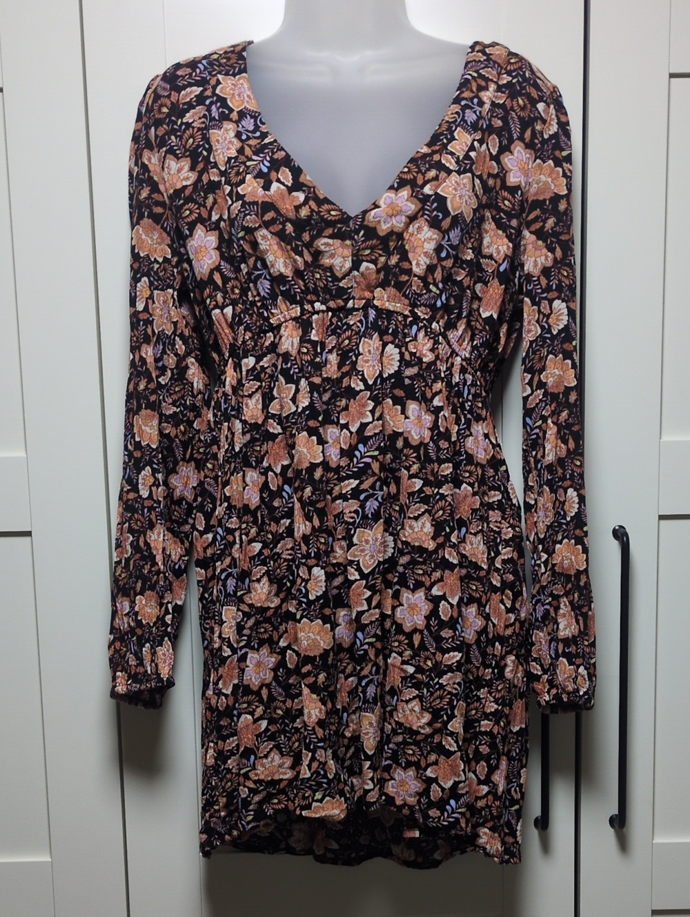 BillaBong Coastal Bohemian Boho Floral Long sleeves Mini Dress Autumn Fall Large